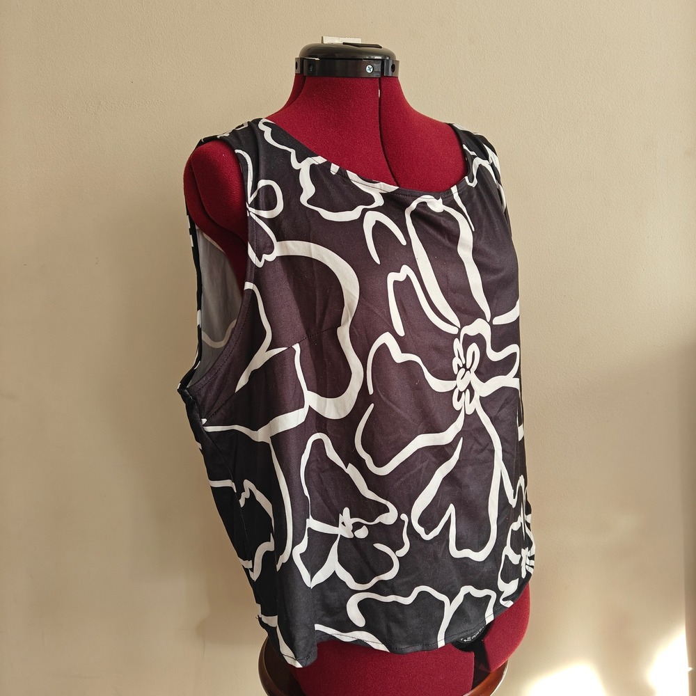 New Women's Sleeveless Blouse Tank Top Floral Black White Abstract Print XXL‎